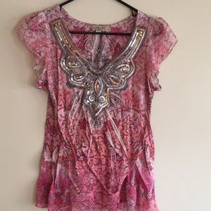 One World pink sequin top with floral design